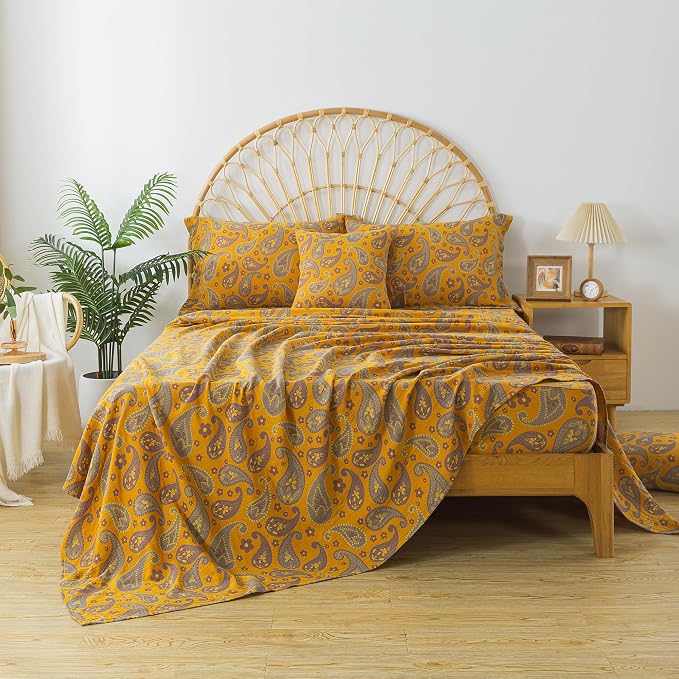 FADFAY Paisley Sheets Set King Vintage Yellow Grey Floral Bedding Shabby Farmhouse Bedding Super Soft Washed Double -Layer Muslin Sheets Luxury 100% Cotton Deep Pocket Fitted Sheet 4Pcs, King Size