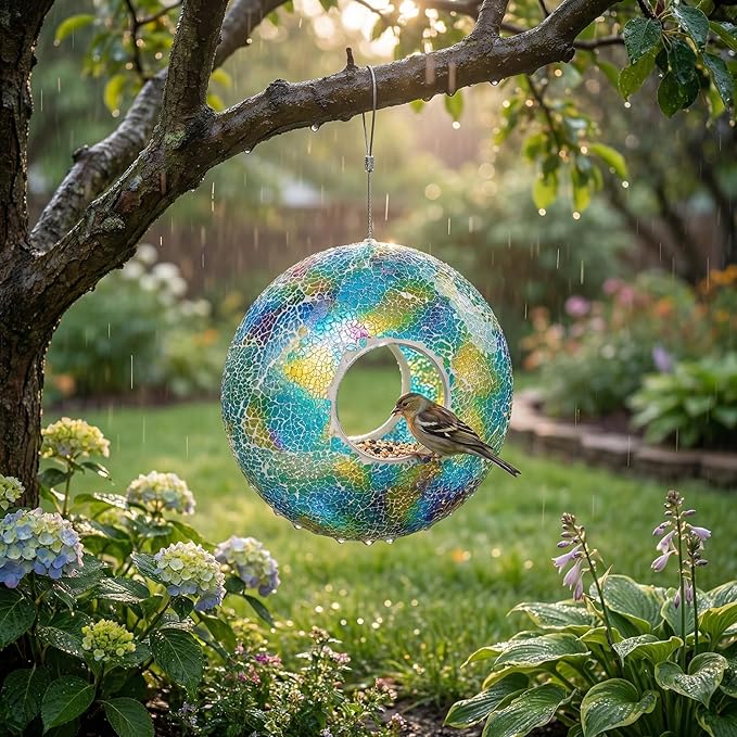 Mosaic Bird Feeder - Outdoor Fly Through Wild Hanging Bird Feeders with Mosaic Glass Design, 9 Inch, Blue