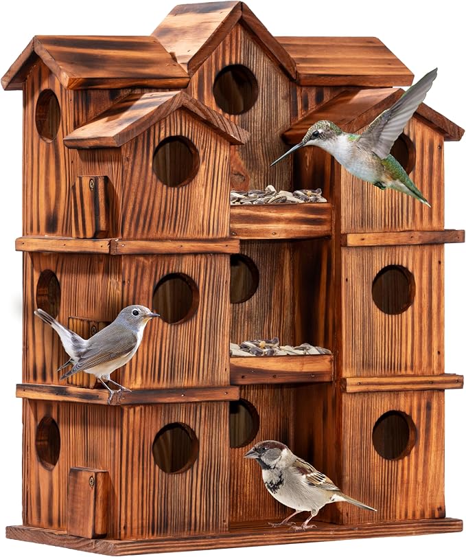 MIXUMON Wooden Bird Houses for Outside – 15 Rooms Multi-Chamber Bird House, Carbonized Pine Rustic Finish, 1.57" Entrance Holes, Individual Cleaning Doors, Decorative Outdoor Bird Nesting Box