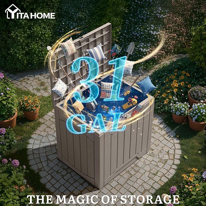 YITAHOME 31 Gallon Deck Boxes Set of 2, Lockable Outdoor Storage Bins for Patio Cushions, Garden Tools, Weather-Resistant Resin Storage Solution, Taupe