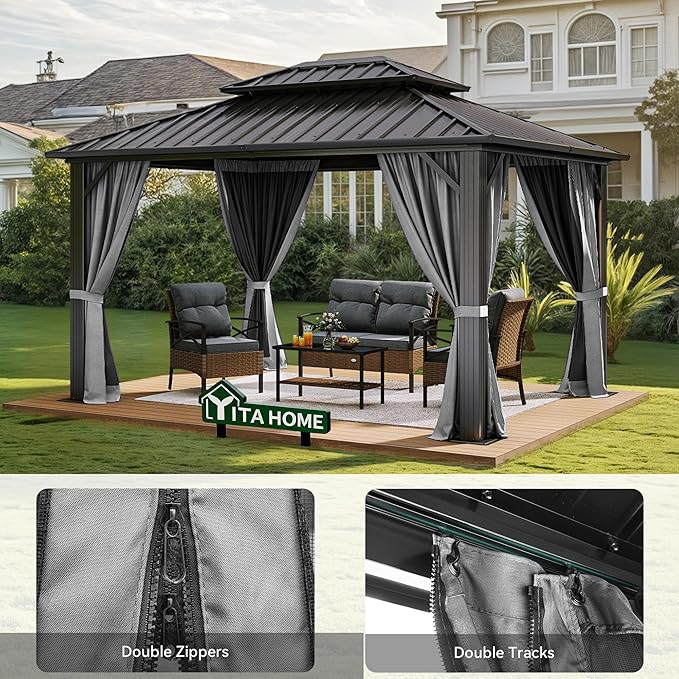 YITAHOME 10X12FT Hard Top Metal Gazebo Patios Double Roof Canopy Aluminum Frame Garden Gazebo Tent Curtains Netting for Patios Backyards Decks Lawns Gray