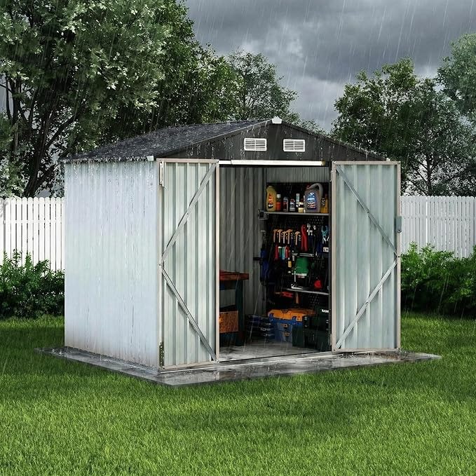 6x8 ft Outdoor Storage Sheds,Multi-Functional Metal Shed with Lockable Doors and Air Vents for Backyard Garden Patio Lawn,White