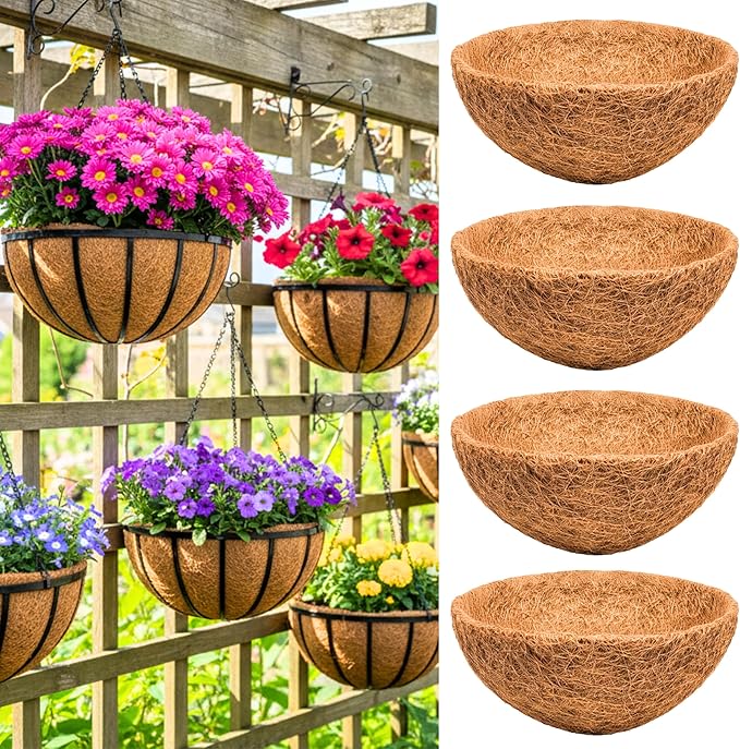 LaLaGreen 18" (4 Pack, Round) Coco Liners for Hanging Basket – Large Coir Fiber Replacement Liner for Pot, Outdoor Wall Mounted Planter – Also Available in 8/10/12/14/16/20 Inch & Different Shapes