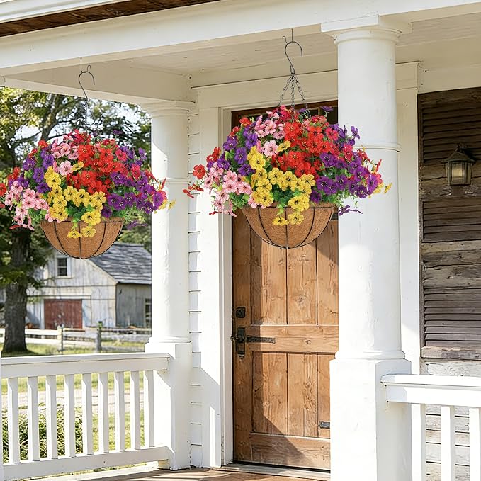 Senjie 4 Set Artificial Hanging Flowers with Basket for Outdoor Decor, UV Resistant 48 Bundles Faux Flowers Fake Hanging Planter for Porch Patio Balcony