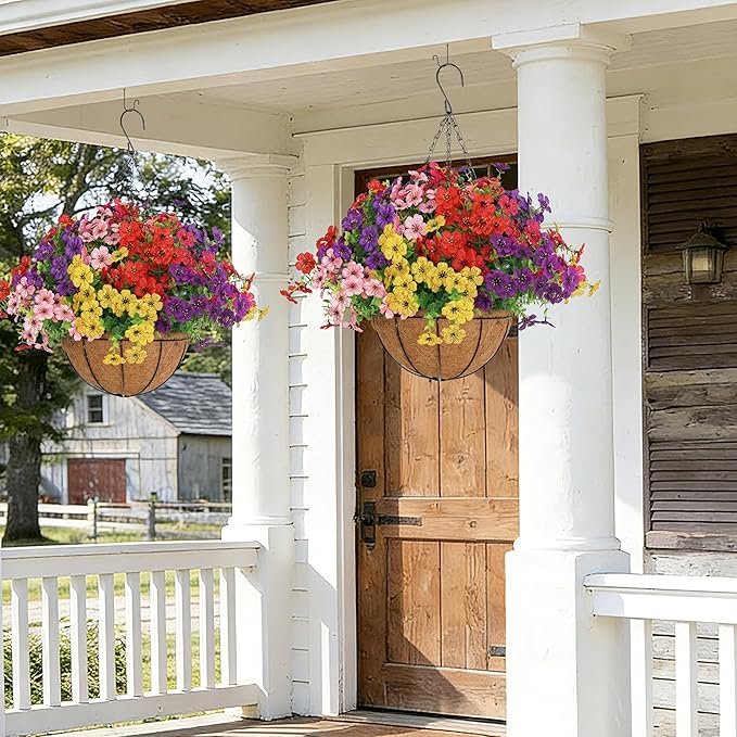 Senjie 3 Set Artificial Hanging Flowers with Basket for Outdoor Decor, UV Resistant 36 Bundles Faux Flowers Fake Hanging Planter for Porch Patio Balcony