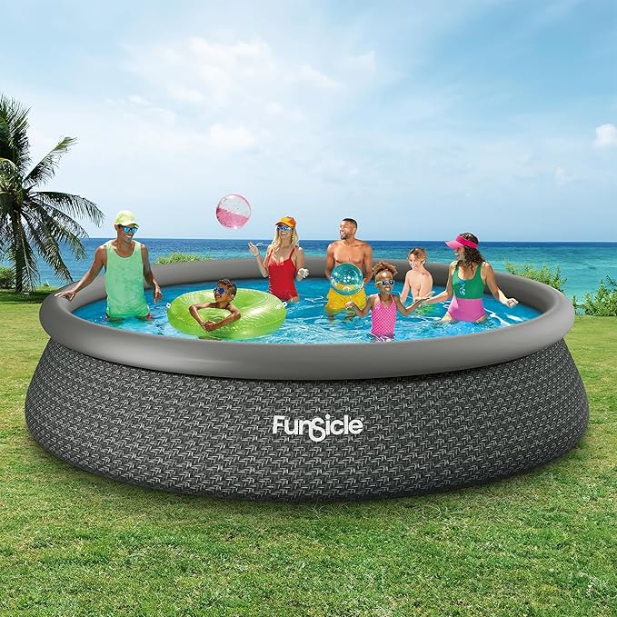 Funsicle Quickset Designer 15' x 36" Round Above Ground Swimming Pool, with FiltraBoost 800 GPH Filter Pump, Type D Filter Cartridge & Repair Patch, Dark Herringbone