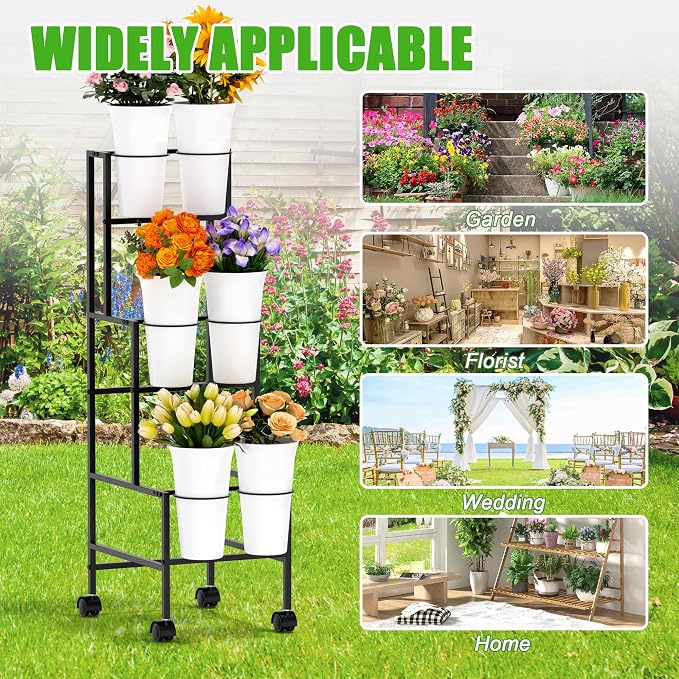 Flower Display Stand with 6 Buckets, Flower Cart with Wheels, 3 Layers Metal Flower Bar Stand Moving Flower Stand Florist Bouquet Shelf for Weddings Party Ceremony Indoor Outdoor Garden (Black)