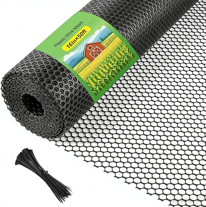 Plastic Wire Mesh Fence Roll 16 in x 50FT Plastic Chicken Mesh with 80 Pcs Zip Ties Balcony Garden Netting Fencing Barrier for Dogs, Poultry, Puppy, Garden Snake Barrier