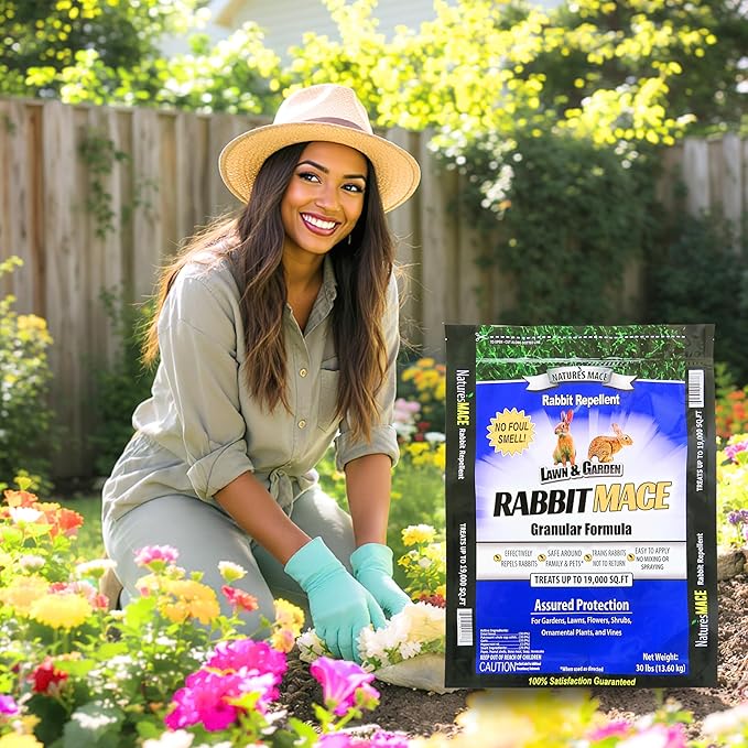 Nature's MACE Rabbit MACE Granules, Rabbit Repellent for Gardens, Lawns, Farms & Landscapes, Treats 19,000 sq ft, Granular Deterrent, 30 Pounds, All-Season Use, Safe for Pets, Children, and Plants