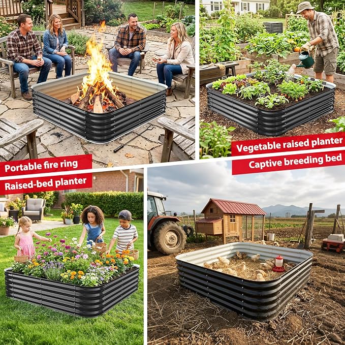 Height 16.5 Inch, Square Galvanized Steel Fire Pit for Outside, Heavy Duty Steel Fire Pit In-Ground for Backyard, Camping, Bonfire, Flower Raised Garden Bed for Garden (4x4x1.5ft)