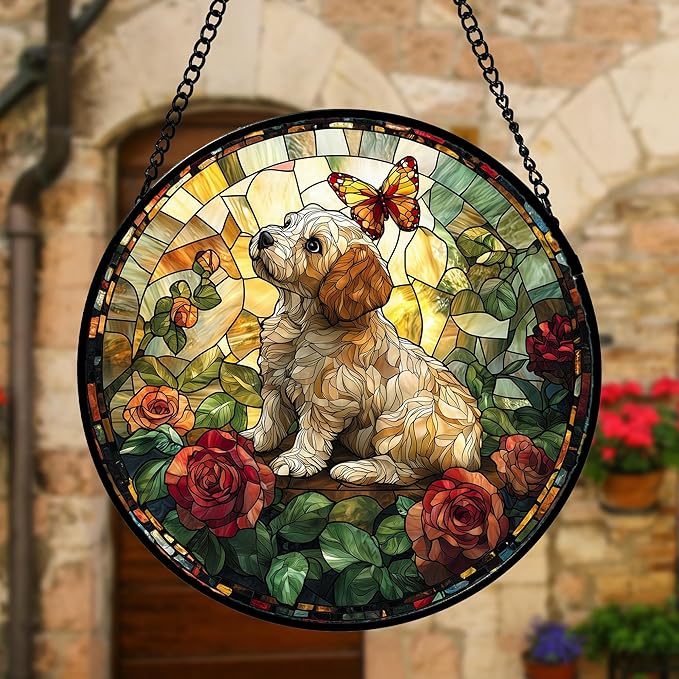 DASTOLL Stained Glass Window Hanging, Cute Dog and Flowers Suncatcher for Doors Home Butterfly Sun Catchers Decoration and Christmas, Mother's Day Birthday Gifts for Women, Men, and Mom 11.8x11.8 in