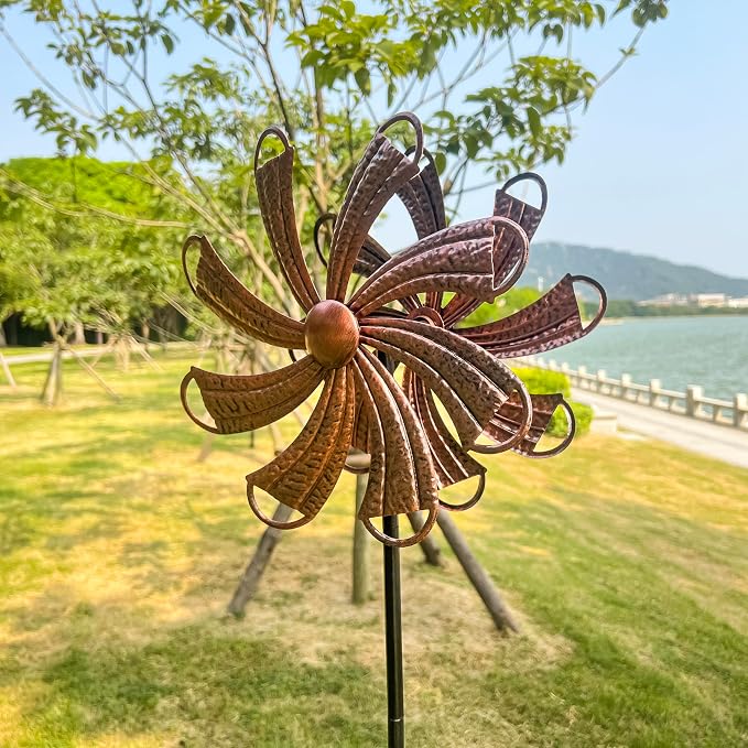 Wind Spinners Outdoor, Copper Flower Double-Sided 360° Wind Spinner with Stake, Metal Garden Yard Decor (12.3" Dia x 54" H)