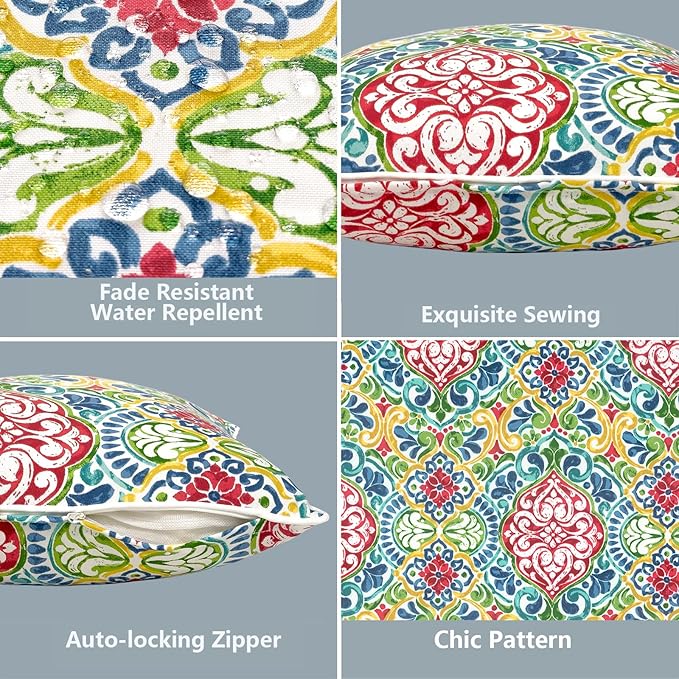 LVTXIII 2 Pack Outdoor Lumbar Pillow Covers 12x20 Inch with Piping, Water-Repellent Back Cushion Covers ONLY for Patio Furniture, Sofa, Garden Bench, Damask Red