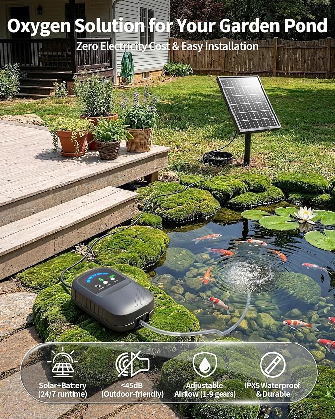 POPOSOAP Solar Pond Aerator, Solar Air Pump with Adjustable Airflow, Quiet Solar Pond Oxygen Pump for Koi Pond, Garden Pond, Fish Tank, Hydroponics