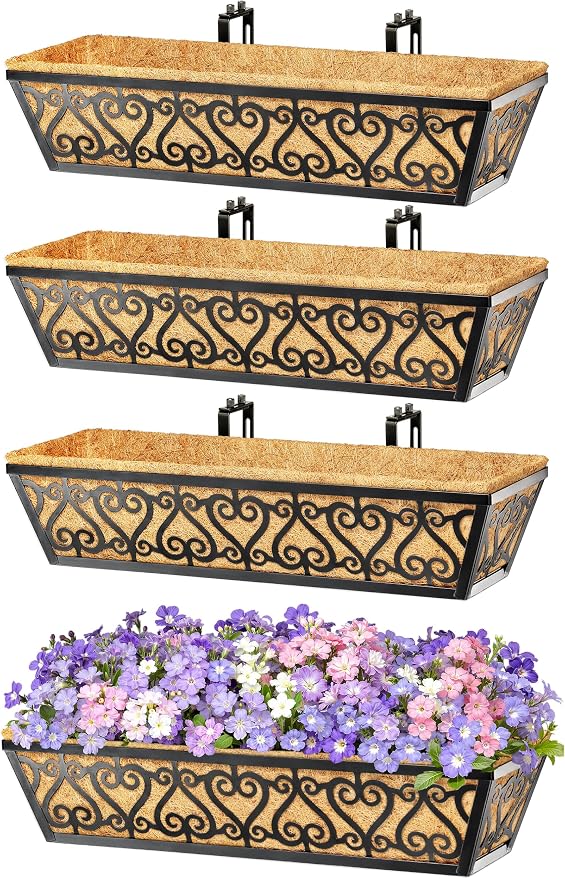 4 Pack 24 Inch Deck Railing Planter Box - Window Boxes Planters with Adjustable Brackets Coco Liners Balcony Planters Railing Hanging for Window Flower Boxes Outdoor Garden Decor