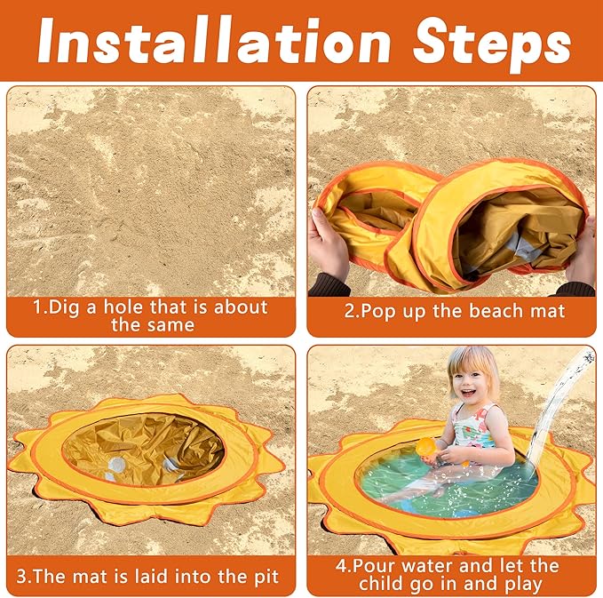 RunNico Pop Up Beach Pool, Portable Toddler Beach Pit with Water Bag and Storage Bag, Cute Shape Beach Pool Puddle for Outdoor Summer Beach Camping Traveling Vacation