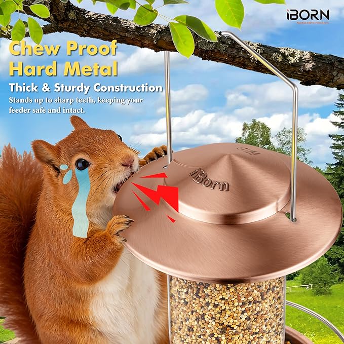 iBorn Bird Feeder Metal Squirrel Chew-Proof Bird Feeders for Outdoors Hanging Outside for Cardinal, Holds 1.5LB Seed with 3 Perchs, Brushed Copper (Seed is not Included)