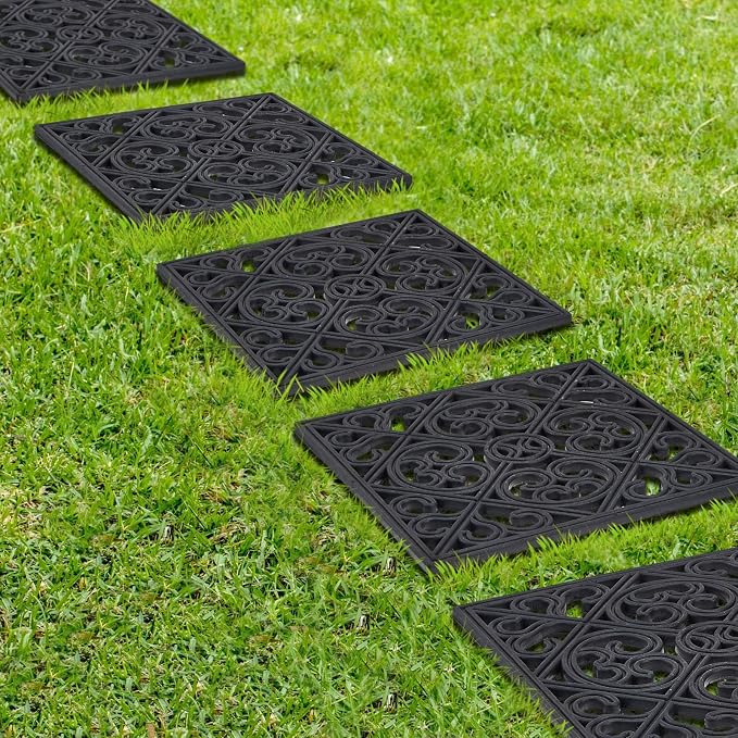 Pangda 8 Pcs Rubber Stepping Stones Outdoor Garden Walkway, 12 x 12 Inch Heavy Duty Pathway Pavers Retro Decorative Stepping Stones for Outside Landscaping Yard Lawn Path (Cross Square,Black)