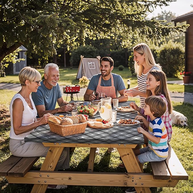 Fitted Waterproof Picnic Table Cover with Bench Covers Heavy Duty Elastic Outdoor Camping Tablecloth for 8 Foot Rectangle Tables Summer Rv Accessories Patio Garden Road Trip Essentials Gifts