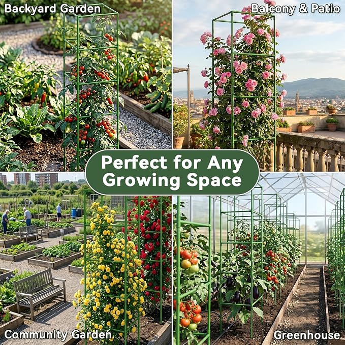 Halatool 4 Pack 72" Extra Tall Square Tomato Cages, Heavy Duty Metal Plant Support for Indeterminate Tomatoes, Climbing Plants, Vegetables, Up to 6ft Garden Cages for Indoor Outdoor Raised Beds, Pots