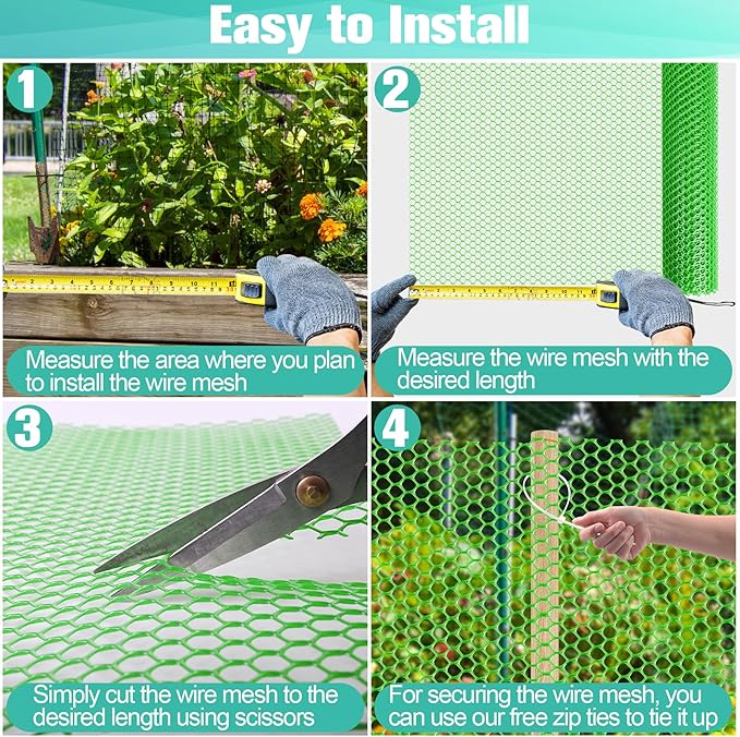 Plastic Mesh Fence Sheet 15.7IN x 10FT - 0.3IN Opening Plastic Chicken Wire Netting Roll Durable for Dogs, Poultry, Puppy, Garden Snake Barrier with 50 Pcs Zip Ties - Green