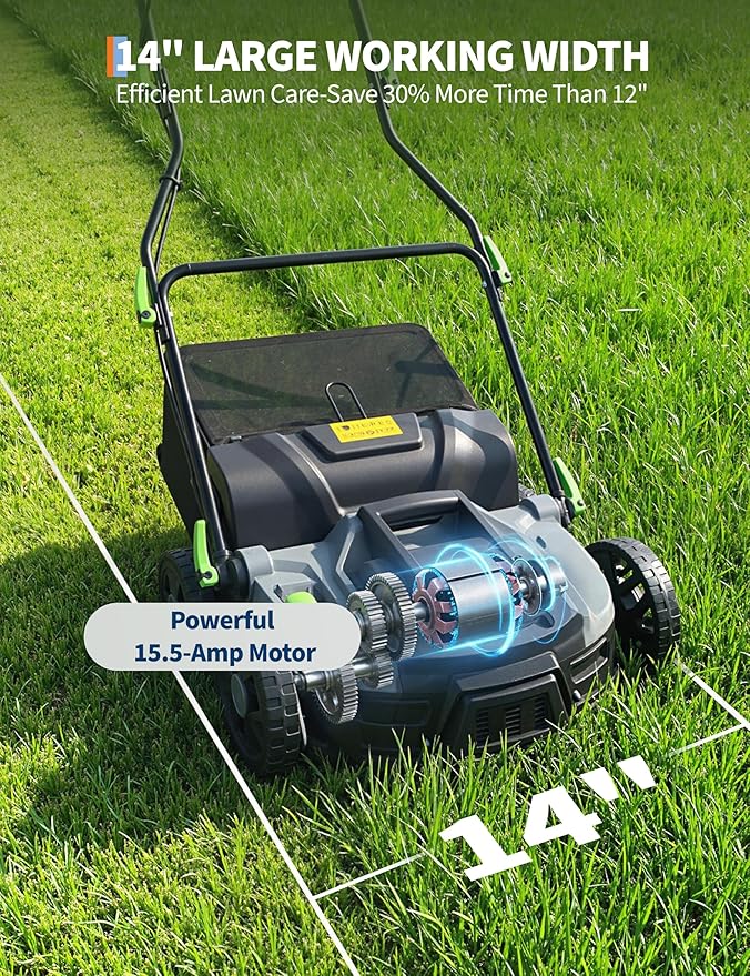Garvee Electric Lawn Dethatcher Scarifier 15.5 Amp, 14-Inch Corded Dethatcher with 14.5 gal Collection Bag, 5-Position Depth Adjustment & 3-Height Adjustable Handle for Yard Care and Lawn Aeration