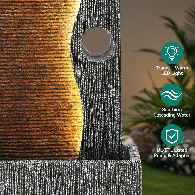 AUTODAYA 39.4" Tall Outdoor Water Fountain with LED Lights, Modern Zen Wall Resin Garden Fountain with Cascading Waterfall, Faux Slate Textures, Tranquil Water Feature for Patio, Garden, Deck or Porch