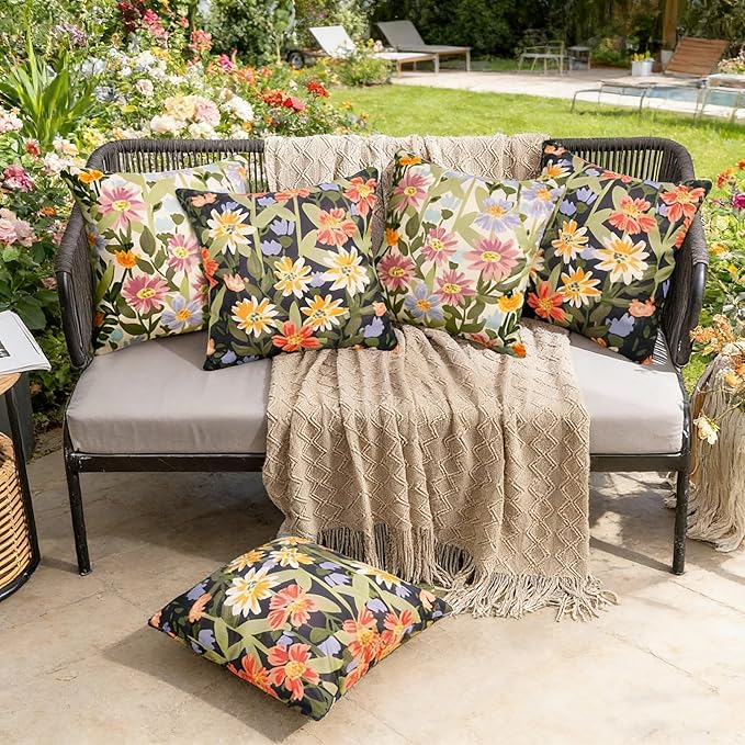 Pyonic Outdoor Pillows Cover Pack of 2 Spring Floral Waterproof Throw Pillow Covers 20X20 inch Outdoor Pillows for Patio Furniture Garden Square Outside Waterproof Pillow ，Black