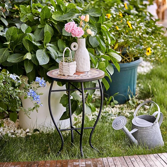 VONLUCE Mosaic Side Table and Plant Stand, 21" Round End Table with 14" Ceramic Tile Top, Indoor & Outdoor Accent Table, Porch Patio Furniture, Entryway & Coffee Table for Home & Garden, Maple