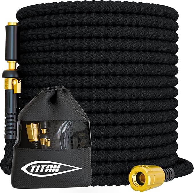 TITAN Flexible Garden Hose 15FT – Ultra Lightweight, Heavy Duty Water Hose with Brass Fittings & Jet Nozzle – Kink-Free, Non-Expanding, Durable Fabric Hose for Yard, Lawn, Car Wash, Outdoor Use