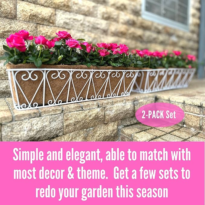 LaLaGreen Wall Hanging Planter - 2 Pack, 30 Inch Deck Railing Planter, Window Flower Boxes Basket Outdoor White Deck Railing Hanging Pot Coco Liner Metal Plant Holder Fence Planter Balcony Patio Porch