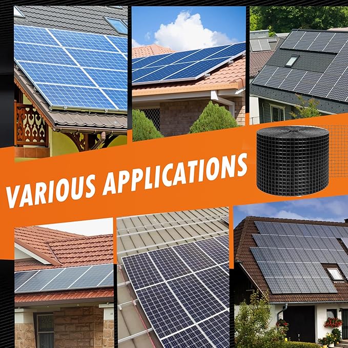 Solar Panel Bird Guard Mesh| 8in x 100ft Black PVC Coated Heavy Duty Galvanized Mesh Roll,70pcs Stainless Steel Clips Fasteners,Critter Guard Roll Kit for Solar Panel