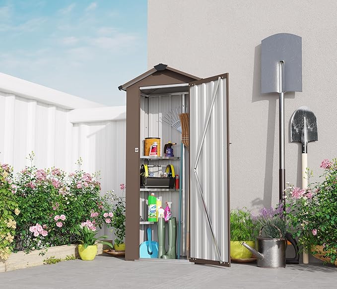YOPTO 2.5x1.4 FT Outdoor Storage Shed, Tool Shed with Waterproof Roof and Lockable Door,Metal Shed with Adjustable Open Shelves for Backyard Garden Patio Lawn,Brown