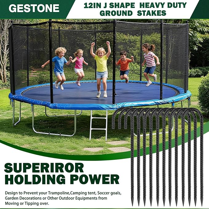 12" Trampoline Ground Wind Stakes Anchors High Wind Heavy Duty, 12 Pack J-Shaped Rebar Tent Stakes for Camping Tents, Soccer Goals,Fences, Swing, Landscape,Garden Decoration (J-12Pack)
