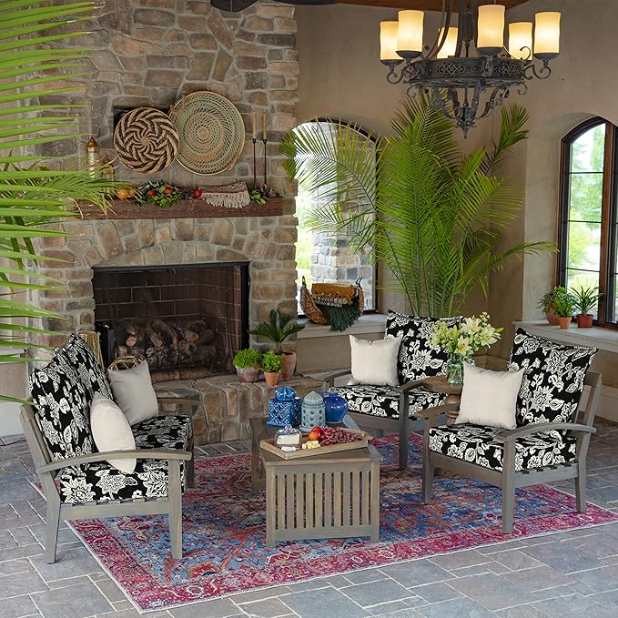 Arden Outdoor Foam Deep Seat Cushion Set, 24x24, Premium High-Density Foam, Never Flattens, Weather-Proof for Patio Chair Sofa Couch, Ashland Black Jacobean