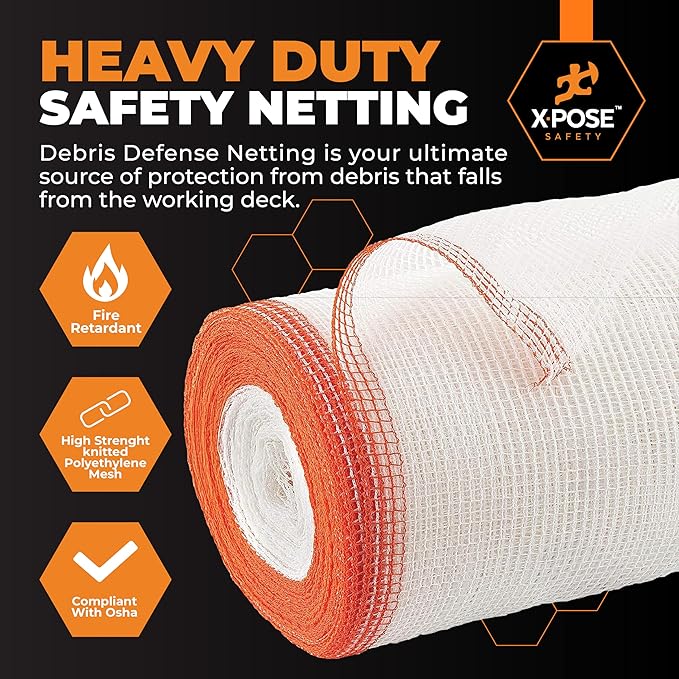 Xpose Safety Construction Safety Netting – 8.5' x 150', 1/4" Mesh Scaffold Safety Net, Temporary Material Roll, Visibility Fence, Heavy-Duty Fire Retardant, White