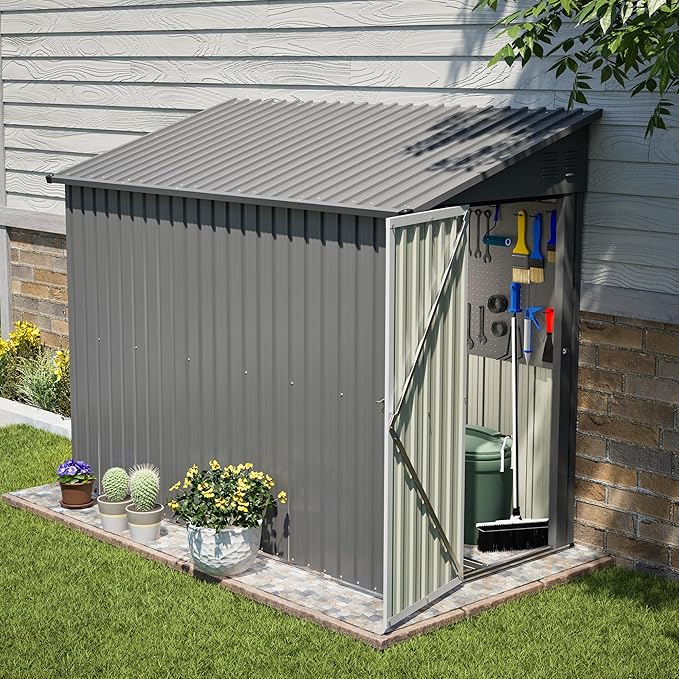 YOPTO 4x8 FT Lean to Outdoor Storage Shed,Metal Shed W/Floor Frame & Reversible Installation,All Weather Waterproof Garden Tool House W/Lockable Door & 2 Air Vents,for Backyard,Patio,Lawn,Gray