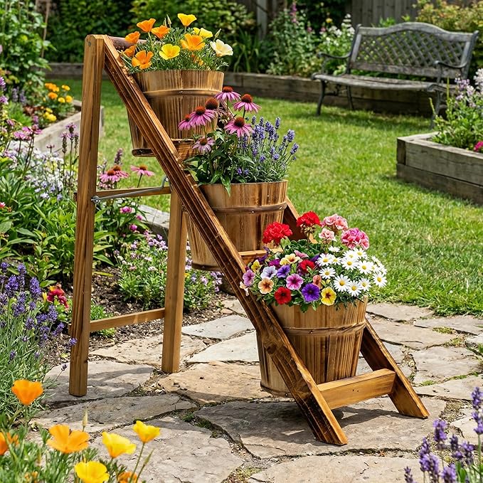 Rustic Foldable 3-Tier Wooden Planter - Space-Saving Vertical Plant Stand for Indoor/Outdoor (Patio, Balcony, Living Room)