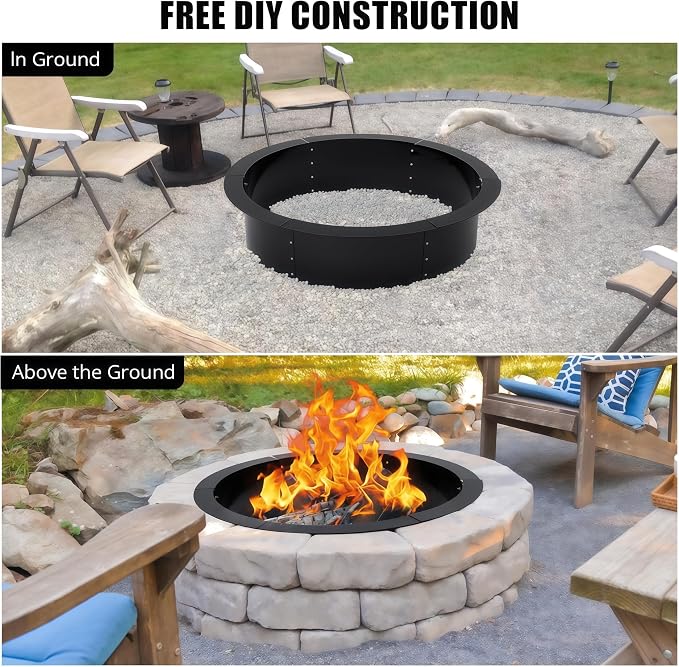 GarveeLife 36 Inch Smokeless Fire Pit Ring, Duty Solid Steel Panels with Air Vents, Inner Round Firepit Rim Insert for Outdoor Above/In-Ground, Suitable for Backyard, Patio, Garden, Easy Install