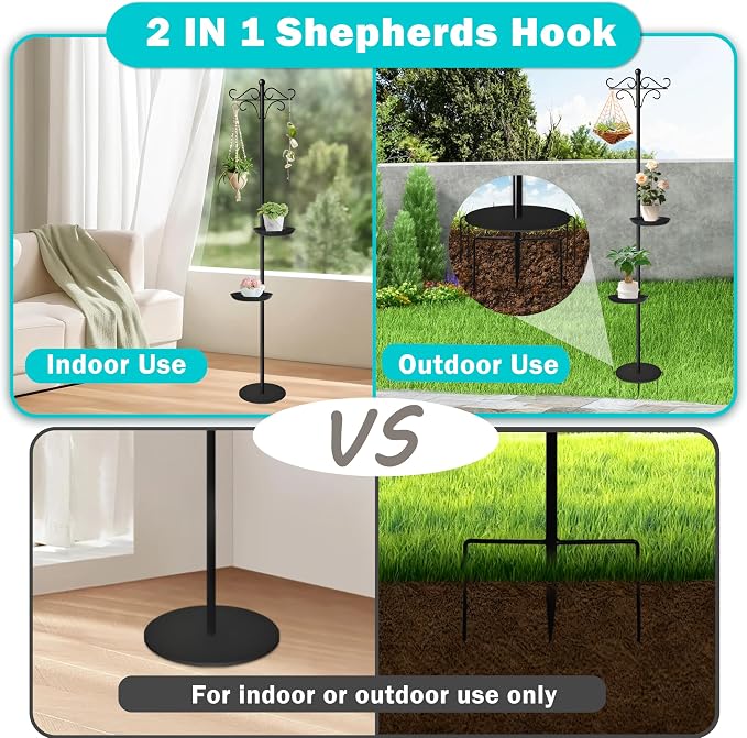 76" Thicken Shepherds Hooks for Outdoor - Double Shepherd Hooks for Outside with 2 Stands, Bird Feeder Pole with a Flat Base for Deck, Plant Stand Indoor, Wreath and Wind Chimes Hanger
