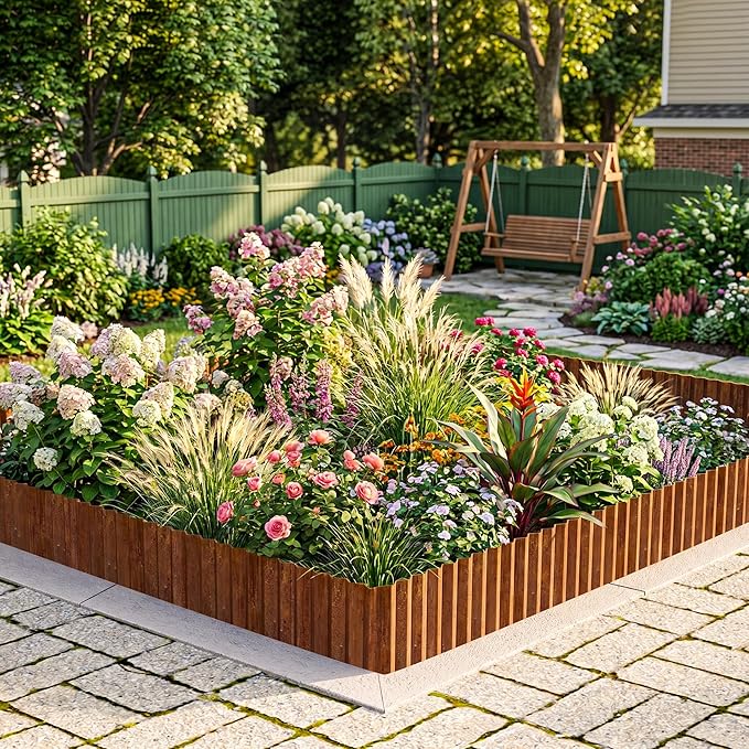 MTART Metal Garden Edging for Landscaping, Sturdy Corrugated Edging Border for DIY Flower Bed, Lawn and Landscape Edging (Rusty, 8"×20Ft)