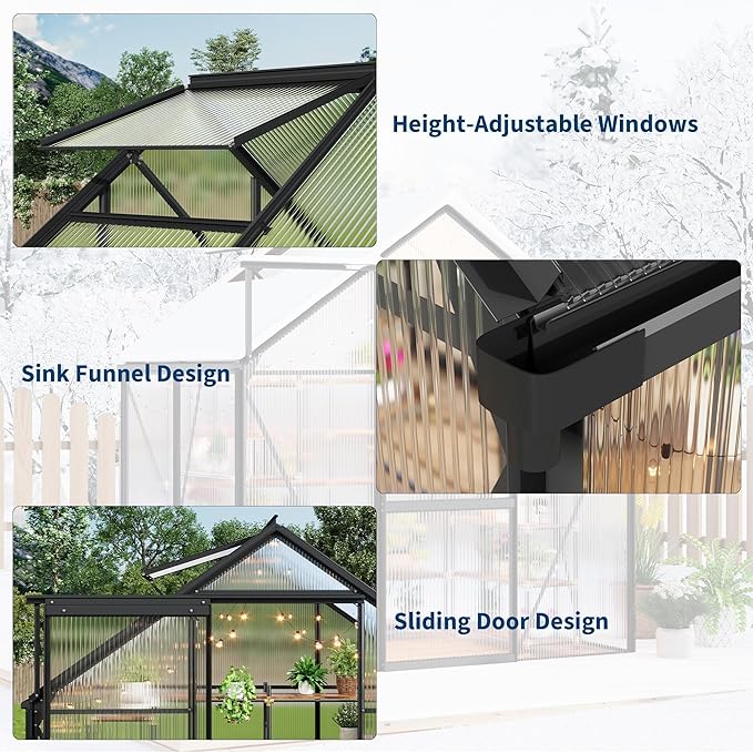 6x4FT Greenhouse for Outdoors, Walk-in Polycarbonate Greenhouse with Sliding Door, Adjustable Roof Vent & Gutter System, Portable Outdoor Green House Kit for Winter Gardening