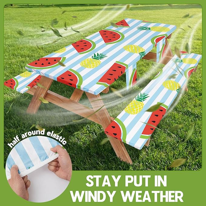 Picnic Table Cover with Bench Covers Waterproof Elastic Rectangle Tablecloth Camper Essentials Supplies Rv Car Travel Gear Must Haves Accessories Fitted Table Cloth Outdoor Road Trip Camping Gifts 6ft