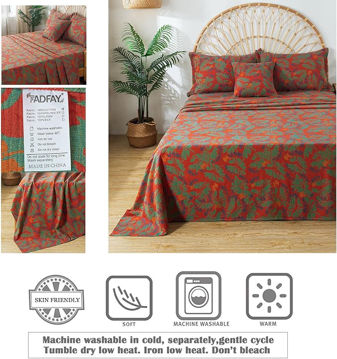 FADFAY Floral Sheets Set Queen Vintage Red Green Floral Bedding Shabby Maple Leaf Farmhouse Bedding Super Soft Washed Double -Layer Muslin Sheets 100% Cotton Deep Pocket Fitted Sheet 4Pcs, Queen Size