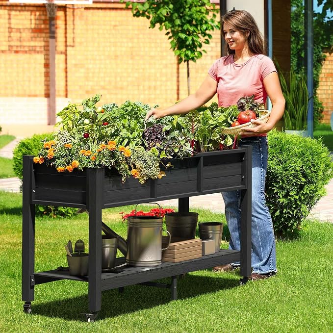 DWVO Raised Garden Bed HDPE with Wheels & Legs, 47x18x31in Weather-Resistant Poly-Wood Elevated Planter Box Outdoor, Double Tier Planters for Patio Balcony Backyard, Black