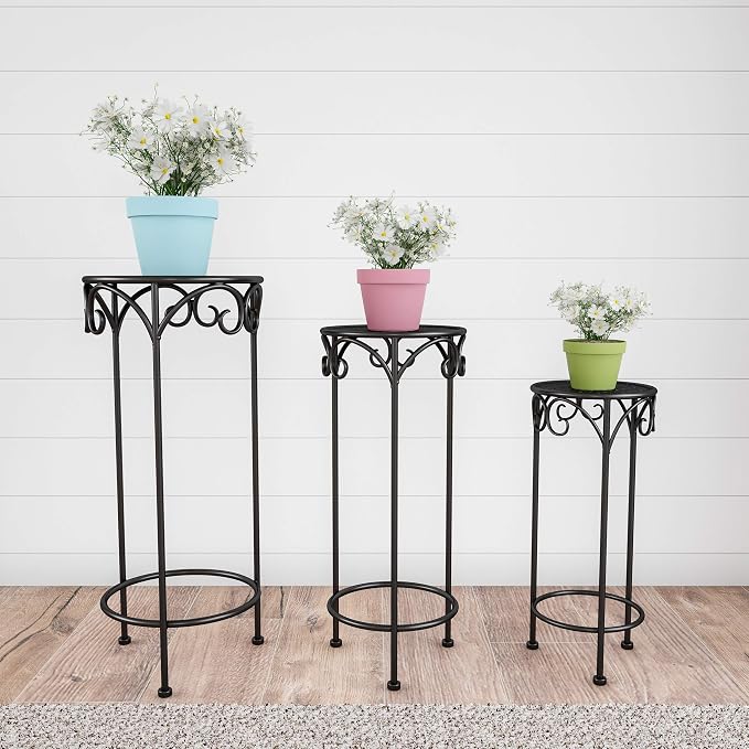 Pure Garden Plant Stand 3-Tier Vertical Shelf Indoor or Outdoor Folding Wrought Iron Home Garden Display with Laser Cut Shelves (Antique White)