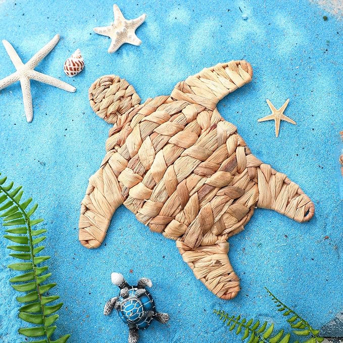 Threehoney Sea Turtle Beach Theme Decor 9.84 Inch Handmade Wicker Turtle Wall Decor Sea Life Hanging Wall Art Coastal Nautical Sculpture Table Decoration for Boho Bathroom Indoor Outdoor Ornament