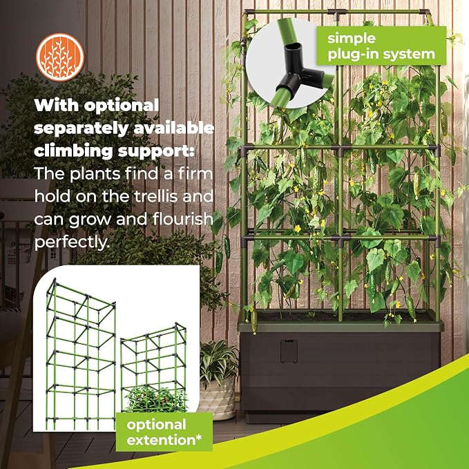 BioGreen Raised Garden Bed with Trellis CITY JUNGLE | 8.98 gal | 13“L x 24“W x 63.4“H | Integrated Irrigation System | Grey Self-Watering Planter Box