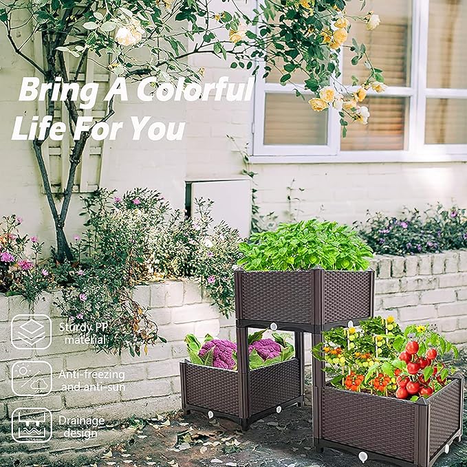 Plastic Elevated Planters for Raised Garden Bed with Legs for Outdoor Plants Box Kits with Drainage Holes for Patio Deck Balcony to Planting Flowers,Vegetables,Tomato and Herbs