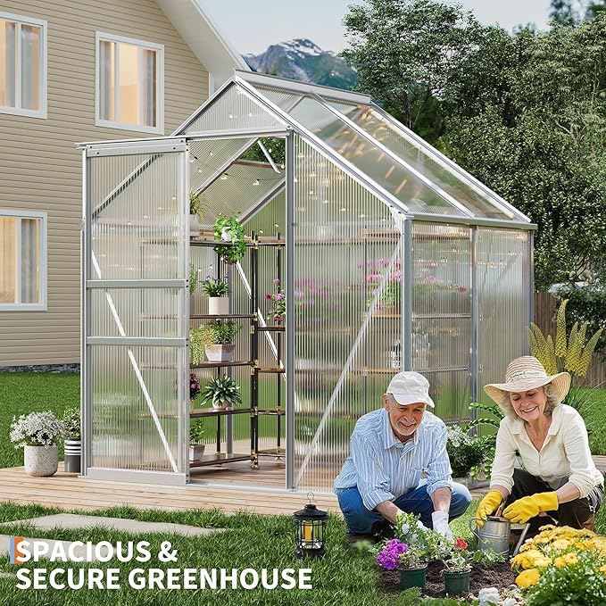 6x4FT Greenhouse for Outdoors, Walk-in Polycarbonate Greenhouse with Sliding Door, Adjustable Roof Vent & Gutter System, Portable Outdoor Green House Kit for Winter Gardening